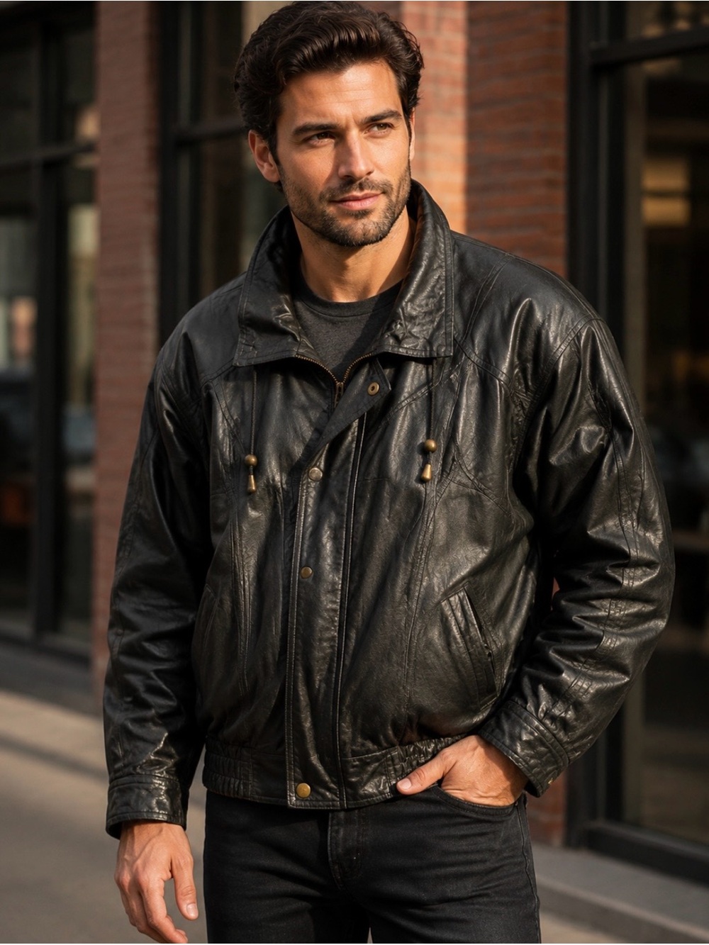 Vintage 100% Real Leather Black Leather Bomber Jacket